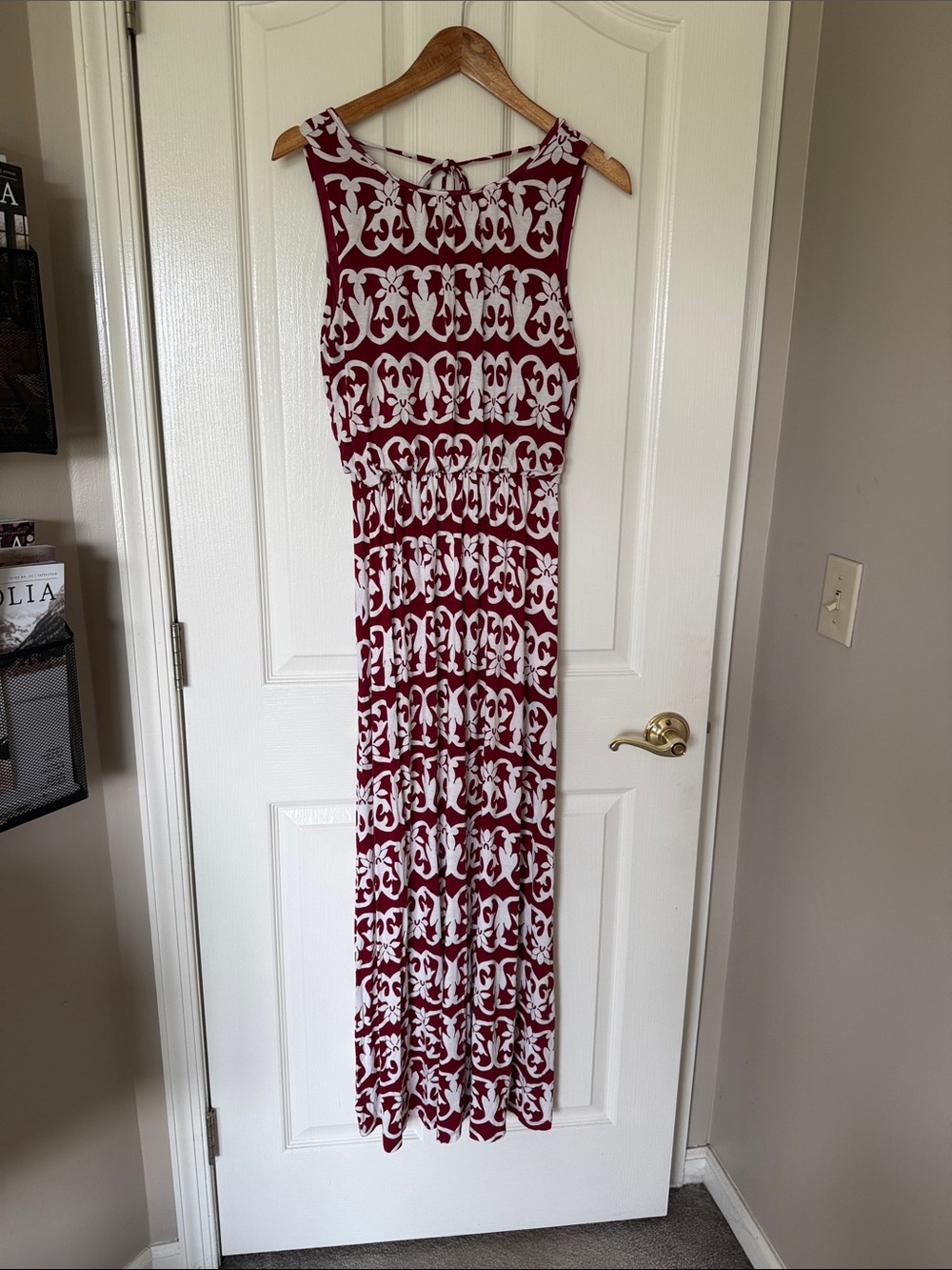 LOFT Burgundy and White Sleeveless Patterned Maxi Dress